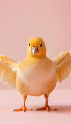 the small yellow bird with large, orange wings is spread its wing
