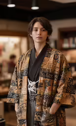 a man dressed in an old - fashioned kimono stands in a restaurant