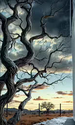 a tree by the edge of a road with a sky in the background