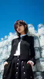 girl standing by stack of stacked jars,woman standing near jar full of balls, wearing black skirt and white shirt