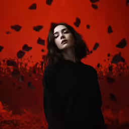 woman wearing black against red background looking upward