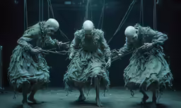 four creepy figures roped down by ropes