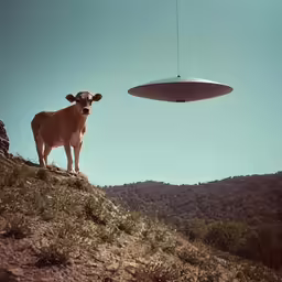 a cow standing on a cliff and looking at a flying object
