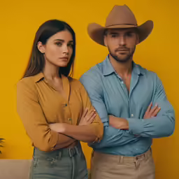 man and woman in western clothing pose for photo