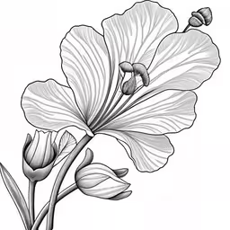 the branch is in bloom of a large flower,an ink drawing of a flower on a white background