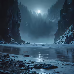 a mountain landscape is lit by moonlight on a foggy night