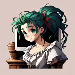 a woman with green hair and a computer monitor