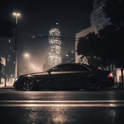 black car parked at the curb on foggy night