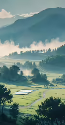 a green field with trees, and mountains