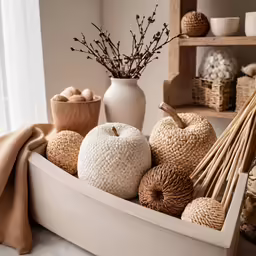 a set of decorative items in a wooden basket on the table