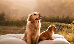 a dog and a puppy are sitting on a pillow