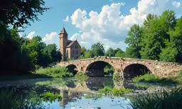 an image of a bridge and building next to a river