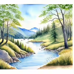 a painting of trees in front of water