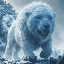 a big white bear running through the snow covered woods