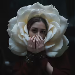 a woman wearing a giant white flower over her eyes