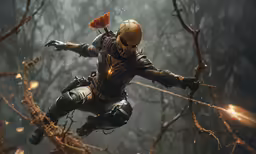 a masked person flies through the air on some strings