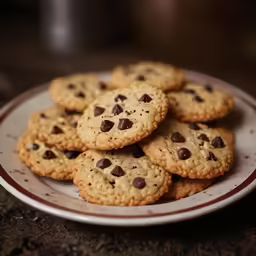 a plate full of chocolate chip cookies on a table