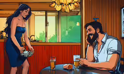 a woman and man sitting down drinking beer,man with beard holding glass and woman sitting in dining room