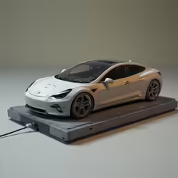white model car is sitting on top of a tray