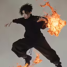 a man doing tricks on fire with a skateboard