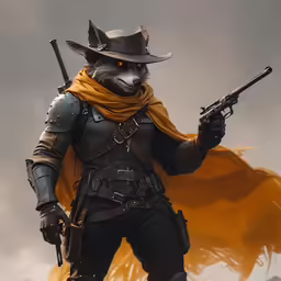 a fantasy photo of a wolf man holding a gun