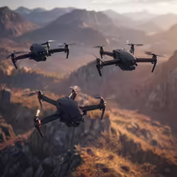 an image of a four propeller flying over a mountain range