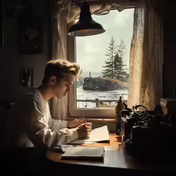 the person is writing on his paper near a window