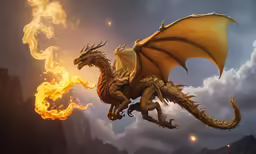 a yellow dragon flying over a mountain on fire