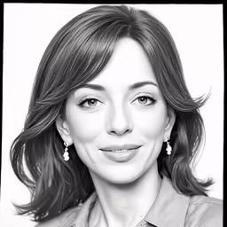 a woman is smiling in front of a white background