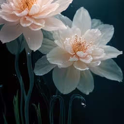 a couple of white flowers sitting in the middle of water,two flowers with long, thin stems next to each other