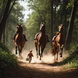 a small boy walking in the woods with two horses