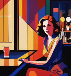a woman sits in a bar looking at something,an abstract painting of a woman sitting at a bar