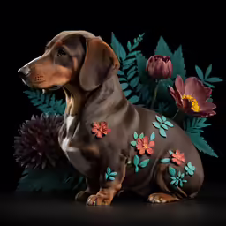a dog with a floral design on it sits near flowers