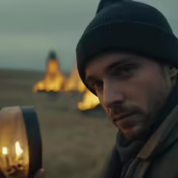 a man is holding a candle in his right hand