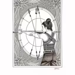 a drawing of a woman aiming an arrow at a target,an ink drawing of a girl shooting the target with a bow and arrow,a drawing of a woman aiming a bow with an arrow,a drawing of a girl aiming an arrow,an art print of a woman aiming at an arrow