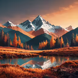 the mountain landscape has beautiful mountains, with orange trees,a beautiful mountain scene with trees and mountains in the background