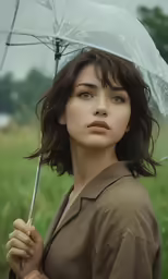 a girl in a brown shirt is holding an umbrella