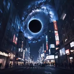 the moon in the sky over a city with neon lights and buildings
