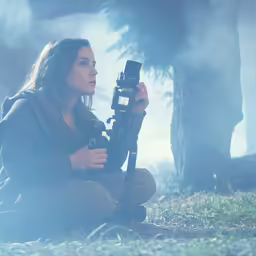 woman squatting down and holding up a camera on a tripod in the woods