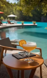 a cocktail next to a swimming pool at a resort