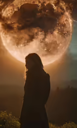 a woman standing under a full moon with her head turned to the side