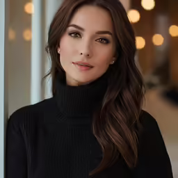 a beautiful woman with long dark hair is posing