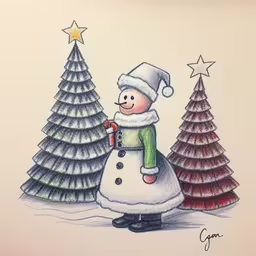 a drawing of a person in front of trees,a drawing of a snowman is standing next to two christmas trees,a drawing of a person with two different christmas trees in front of them,a drawing of a snowman near two christmas trees,this drawing shows a boy that is wearing a christmas coat and holding a candy cane and an old fashioned christmas tree