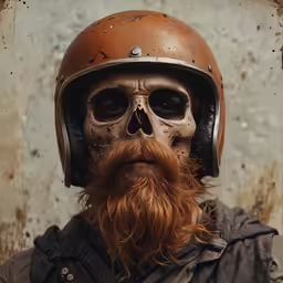 a man wearing a red beard and leather helmet