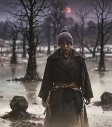 woman walking through flooded area with trees in background