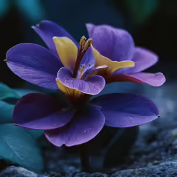 a purple flower is laying down on some rocks