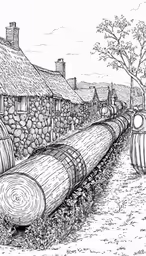 a drawing of an old village with wood logs