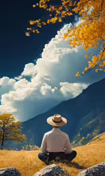 a person is sitting in a grassy area with rocks