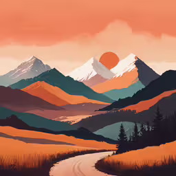 a painting of a road leading to some mountains,an image of a scenic landscape with a road