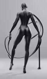 a naked figure is standing by a pole with a hoop